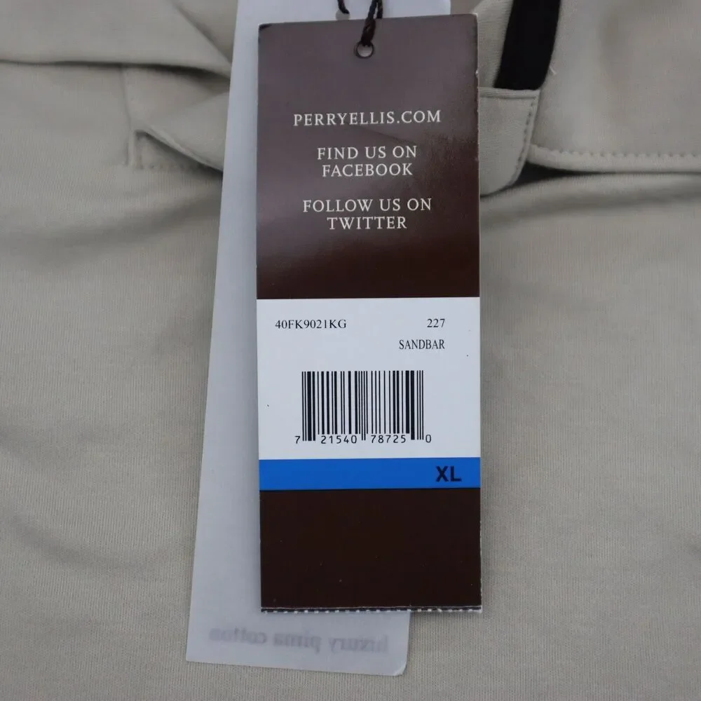 Perry Ellis Shirt Mens XL Beige Sandbar Short Sleeve Quarter Button Collared Top